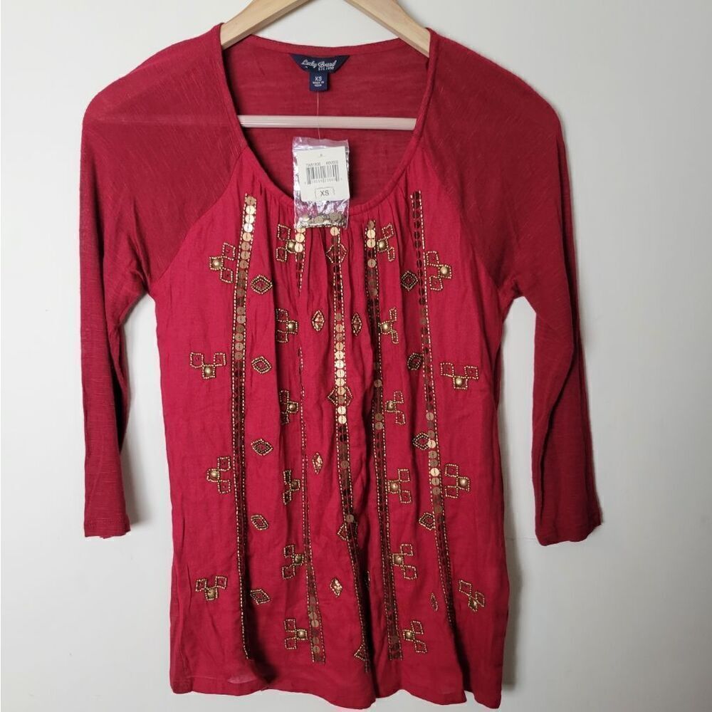Lucky Brand Gold Sequin Embellished Red Top XS